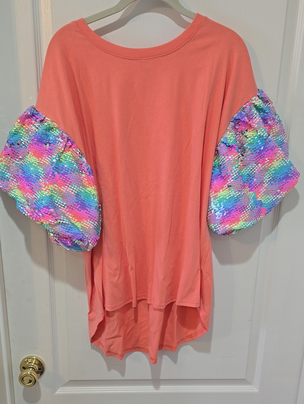 Fantastic Fawn Coral Tunic with Multicolor Sequin Puff Sleeves